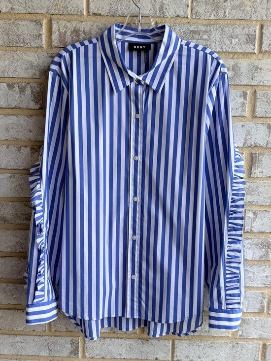 Dkny Other - DKNY Ruffled Long Sleeve Button Up Blue/White Striped Shirt Women's Size XL
